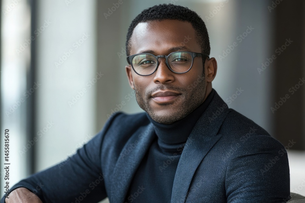 Fototapeta premium Confident Black man in glasses and turtleneck, professional portrait.