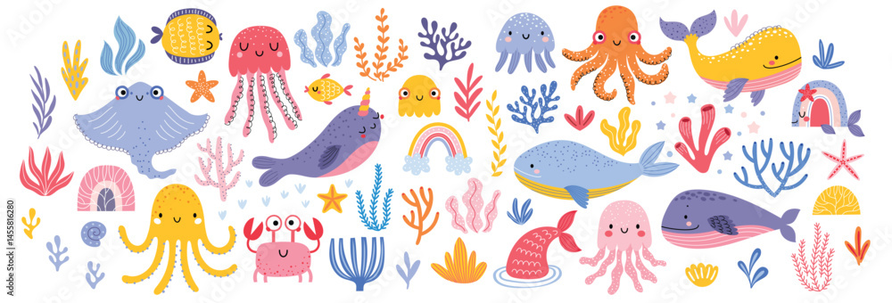 Fototapeta premium Cute marina life set with fish, whales, seaweed, marina elements for your design, childish hand drawn sea elements. Vector illustration.