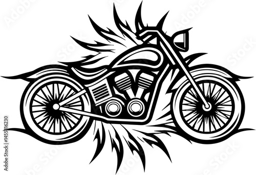 SVG illustration featuring electric vehicles powered by clean electric energy. Black and White Motorcycle Illustration with Explosive Background