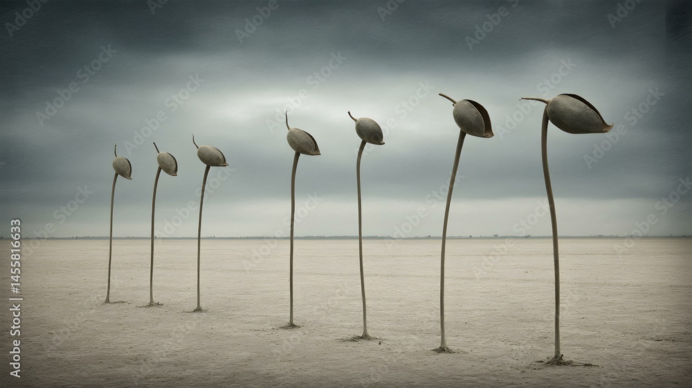 forms blooming on metallic soil in a surreal environment forms blooming on metallic soil in a surreal environment