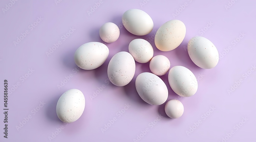 Several Speckled Eggs Are Scattered Across A Light Purple Surface, Easter Decoration, Springtime Several Speckled Eggs Are Scattered Across A Light Purple Surface, Easter Decoration, Springtime