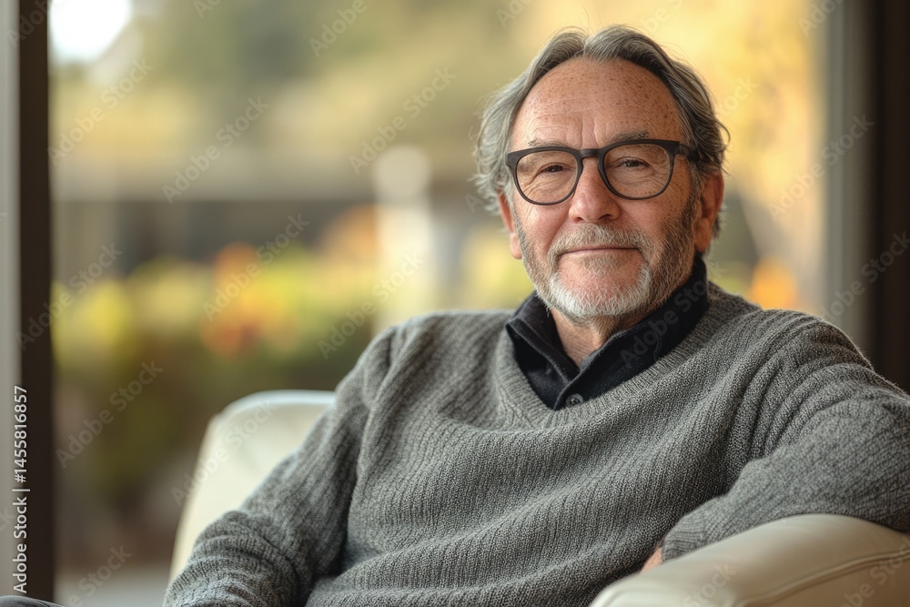 A senior man with glasses sits comfortably in a chair, looking calmly at the camera in a softly lit room. A senior man with glasses sits comfortably in a chair, looking calmly at the camera in a softly lit room.