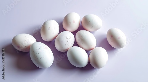 Several Speckled Eggs Are Scattered Across A Light Purple Surface, Easter Decoration, Springtime