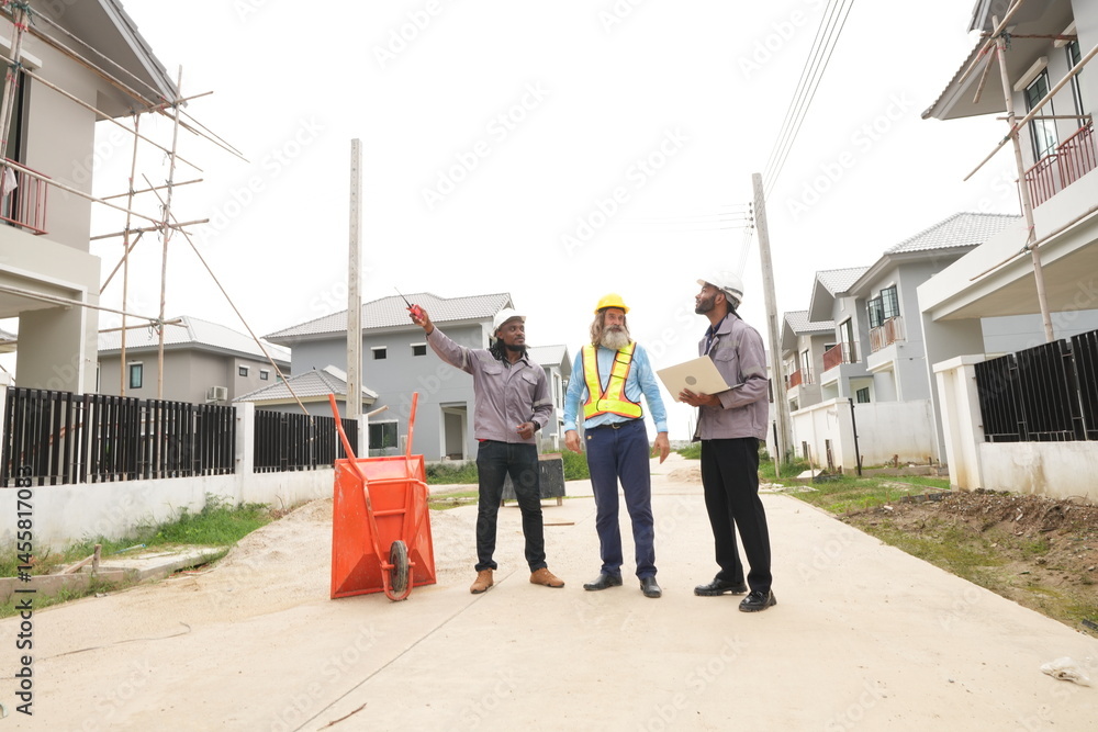 Two black foremen and a multi-ethnic Caucasian construction manager attend a construction inspection meeting and consult on construction inspections on a construction project.