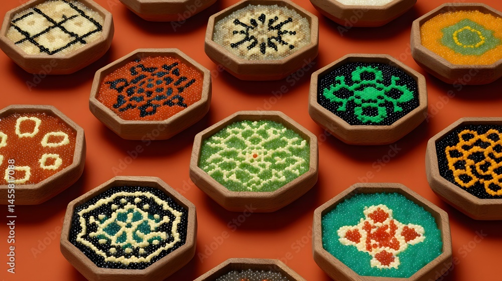 bowls with colorful toppings and synthetic fruit patterns bowls with colorful toppings and synthetic fruit patterns