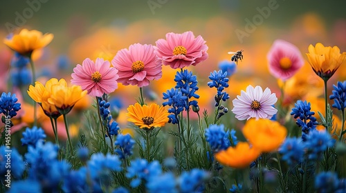 A field of wildflowers in the spring, a riot of colors and textures, attracting bees and butterflies.