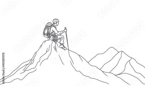Minimalist Line Art of Hiker on Mountain Peak with Gear for Adventure Travel and Exploration