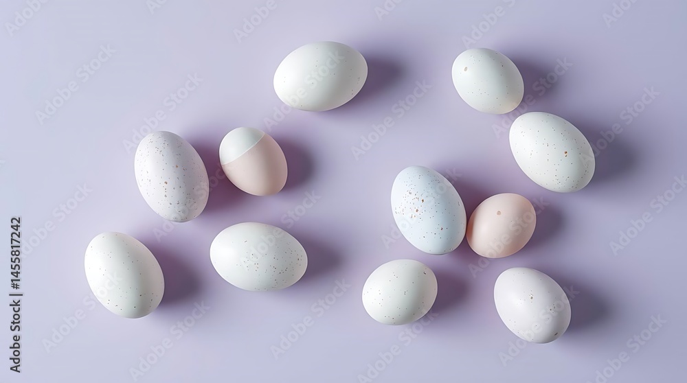 Several Speckled Eggs Are Scattered Across A Light Purple Surface, Easter Decoration, Springtime Several Speckled Eggs Are Scattered Across A Light Purple Surface, Easter Decoration, Springtime