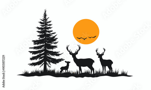 Silhouette Deer Family with Forest and Sunset Wildlife Adventure Vector