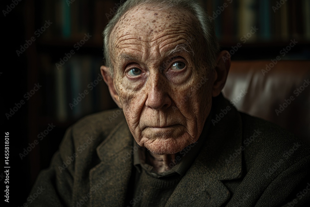 A close-up portrait of an elderly man, his face etched with age and wisdom, sitting in a dimly lit room. A close-up portrait of an elderly man, his face etched with age and wisdom, sitting in a dimly lit room.