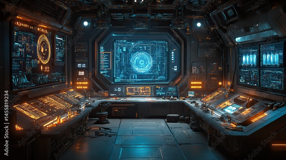 Fototapeta premium A futuristic laboratory filled with advanced technology, glowing screens, and intricate scientific equipment.