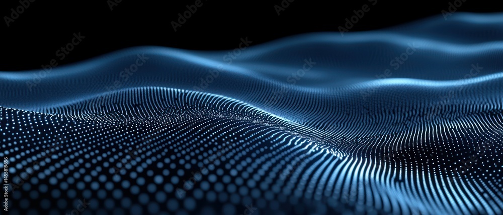 Abstract surface undulates with blue gradient particle field, presenting futuristic digital landscape. Abstract surface undulates with blue gradient particle field, presenting futuristic digital landscape.