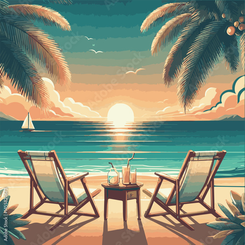 Sun loungers and a cocktail table on the beach with palm trees. Summer vacation at sunrise by the ocean . Colorful illustration. Vector graphics. EPS.