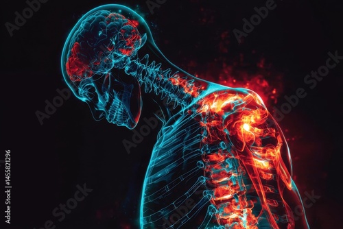 Visualization of human anatomy highlighting neurological and spinal systems