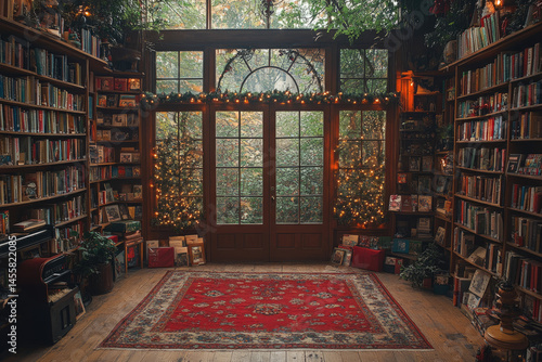 Peaceful Christmas Setting with Bookshelves and Outdoor Lights