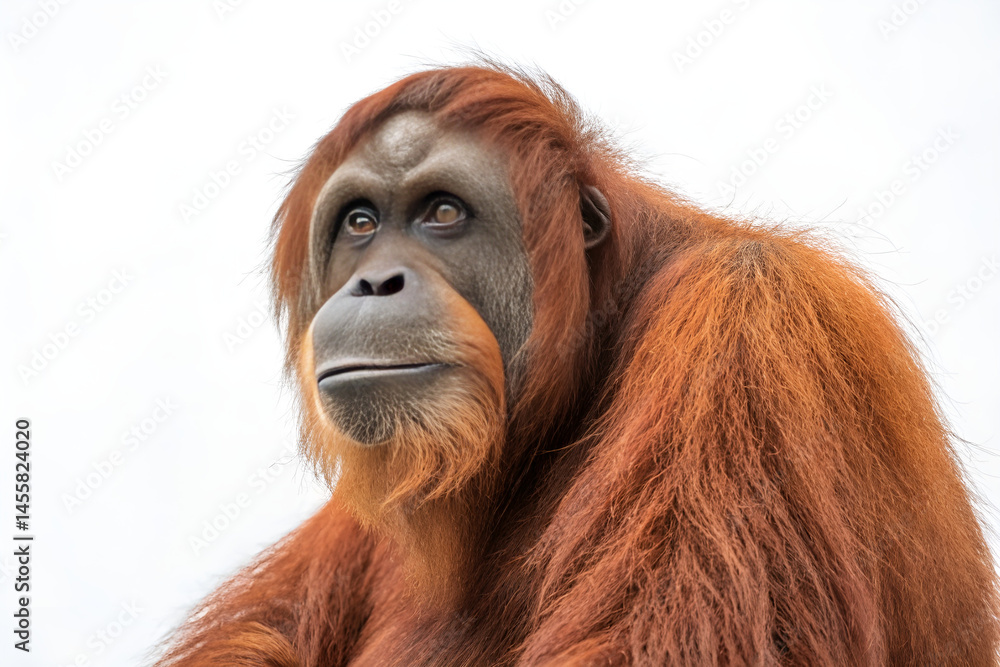 A hairy, young orangutan baby, an endangered mammal native to the Borneo and Sumatra jungles of Indonesia, shows its close-up face in a wild, natural portrait A hairy, young orangutan baby, an endangered mammal native to the Borneo and Sumatra jungles of Indonesia, shows its close-up face in a wild, natural portrait