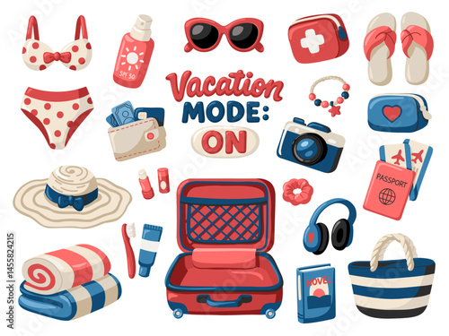 Full Summer Travel Essentials Set. Suitcase for travel and vacation. Cartoon vector illustration on white background