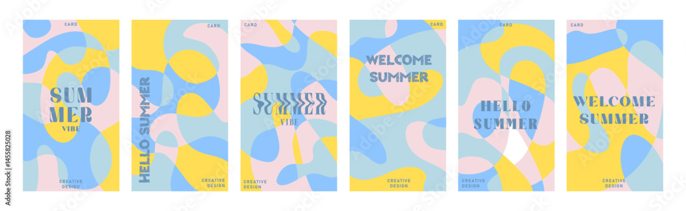Naklejka premium Summer bright illustrations set for poster, card, cover, label, banner in modern minimalist style with overlay effect. Modern and simple summer design templates. Vector stock graphic