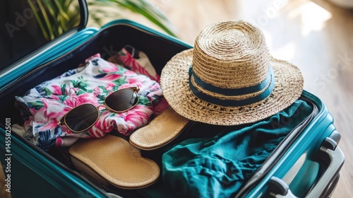 Open suitcase with summer clothing and accessories for a vacation getaway