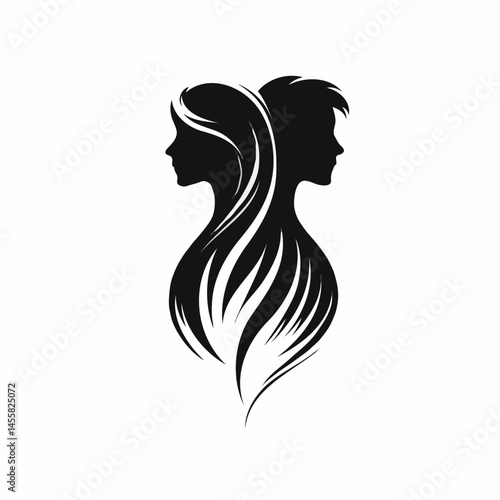 Male and female profile with long hair in abstract black style