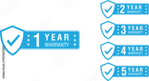 blue shield icons showing 1 to 5 year warranty labels, protection badge for product safety	