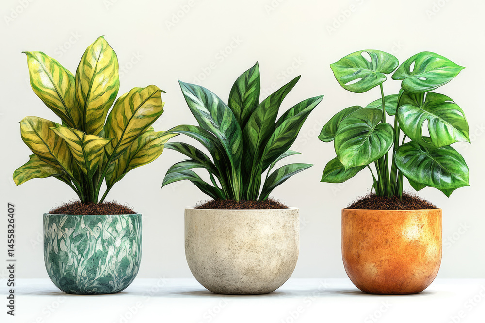 Fototapeta premium Three Indoor Plants Growing in Soil on White Background