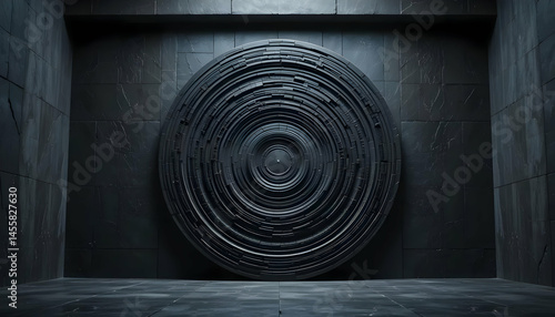 Mysterious Circular Metal Doorway in Dark Room Abstract 3D Render of Futuristic Architecture