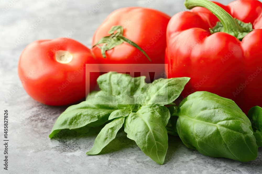 Fresh red tomatoes and peppers with basil. Close-up view of vibrant red tomatoes and bell peppers, along with fresh basil leaves on a textured surface Fresh red tomatoes and peppers with basil. Close-up view of vibrant red tomatoes and bell peppers, along with fresh basil leaves on a textured surface