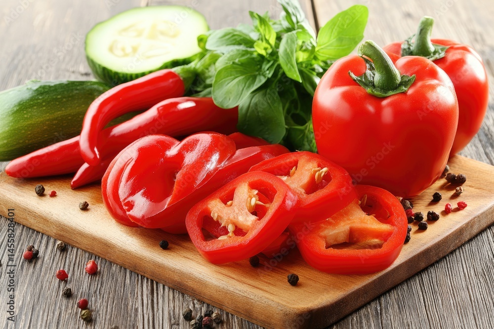 Fresh red bell peppers, sliced, with chili peppers and cucumber on a wooden cutting board. Fresh basil leaves are also present Fresh red bell peppers, sliced, with chili peppers and cucumber on a wooden cutting board. Fresh basil leaves are also present
