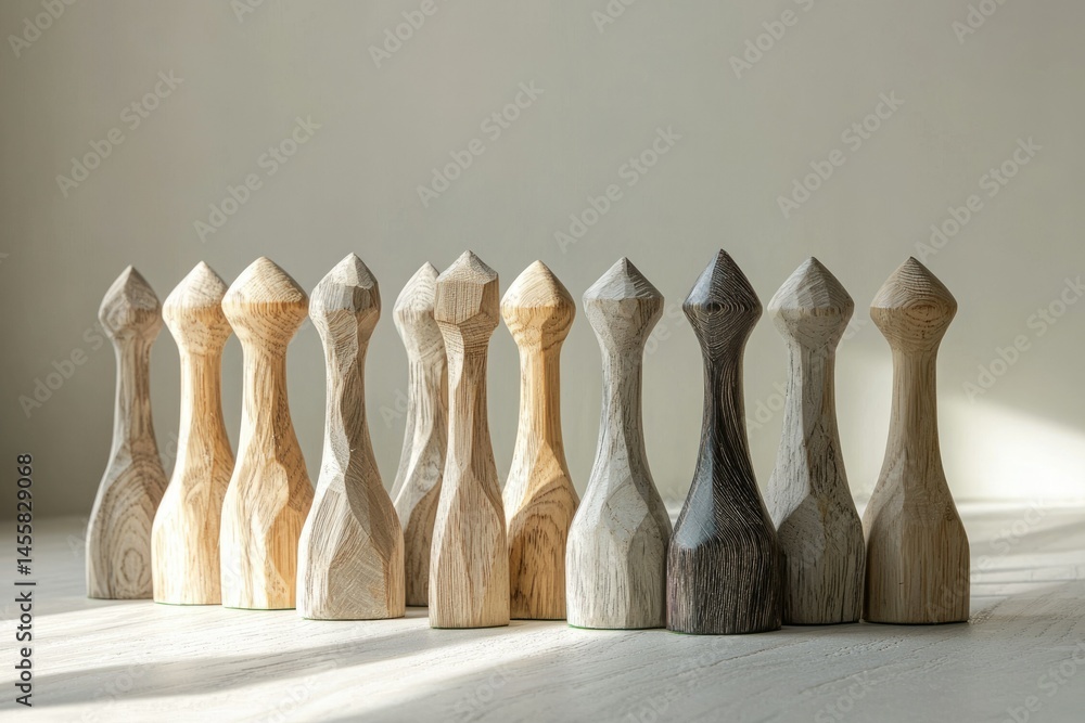 A collection of handcrafted wooden objects with pointed tops, showing different wood tones and textures. A collection of handcrafted wooden objects with pointed tops, showing different wood tones and textures.