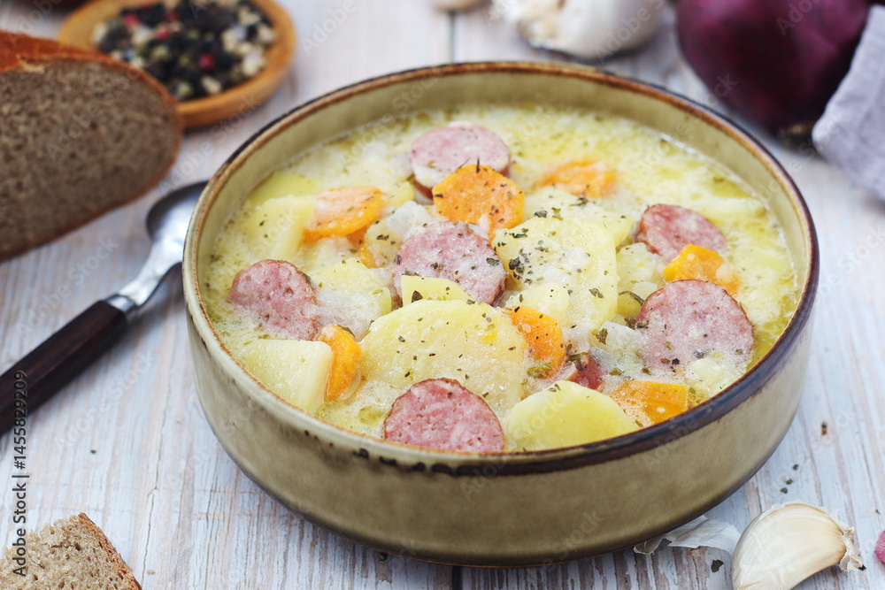 A bowl with traditional German potato soup with sausages