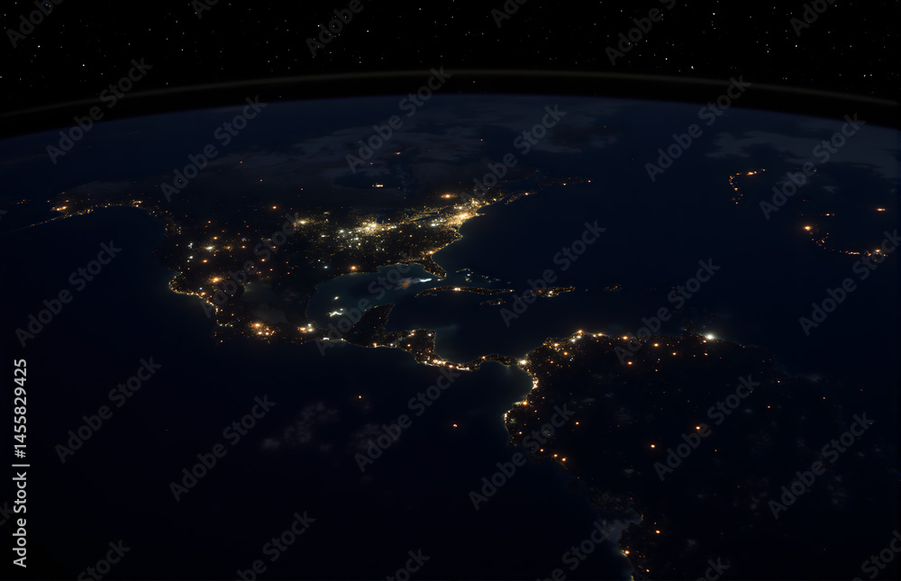 Obraz premium Night View of Earth from Space, North and South America Illuminated