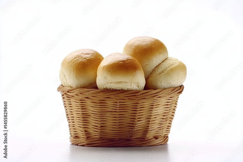Four round, light-brown rolls in a shallow, light-brown wicker basket Four round, light-brown rolls in a shallow, light-brown wicker basket
