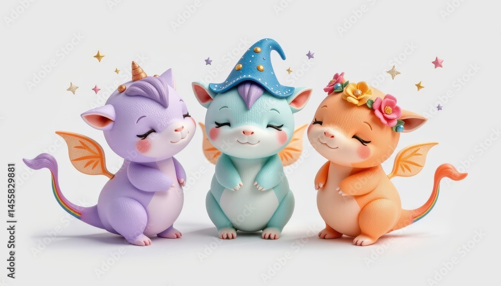 Fototapeta premium Three tiny fantasy creatures with magical tails and sparkling accessories gathered in a group, floating slightly with magic dust around them