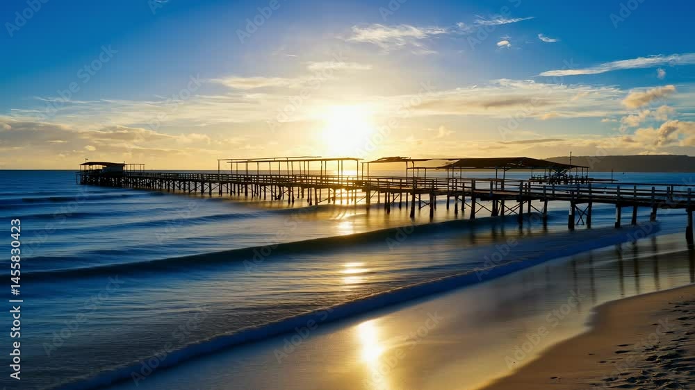 Pier is shown with a beautiful sunset in the background. The water is calm and the sky is clear Pier is shown with a beautiful sunset in the background. The water is calm and the sky is clear