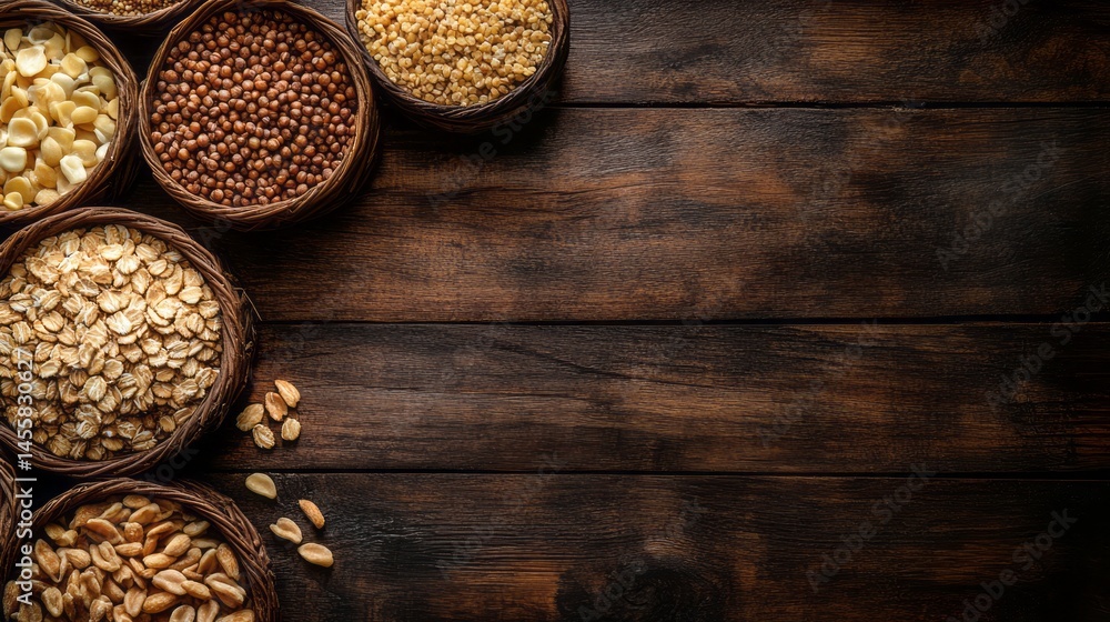 Various grains and seeds in small bowls on rustic wood. Various grains and seeds in small bowls on rustic wood.