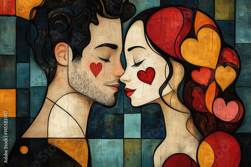 Minimalist Portrait of Couple with Hearts and Love Theme