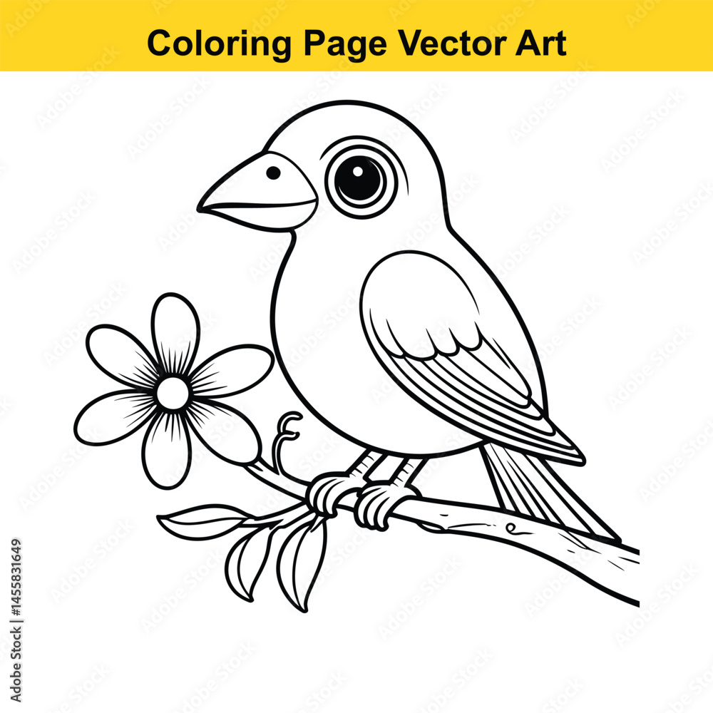 Obraz premium Cute Cartoon Bird on Branch with Flower Coloring Page