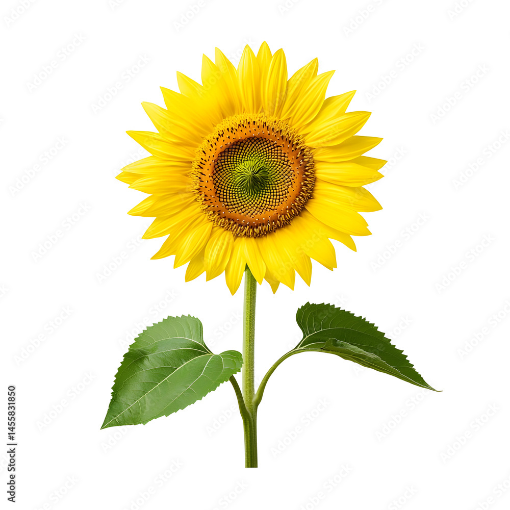 Fototapeta premium Stylized Representation of a Bright Sunflower with Green Leaves