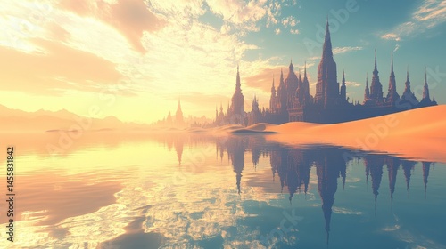 Serene Sunset Over Majestic Castle Reflected in Calm Waters