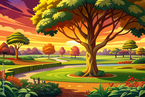 Peaceful park landscape with lush green grass and a solitary tree glowing under warm sunset light. Ideal for nature vector, relaxation, urban parks, and outdoor scenery themes