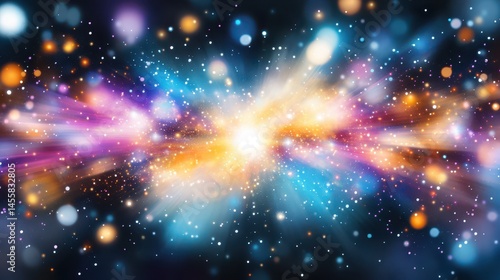 Colorful cosmic explosion with glowing stars, lights, and particles radiating outward. Concept: space, energy, and imagination

