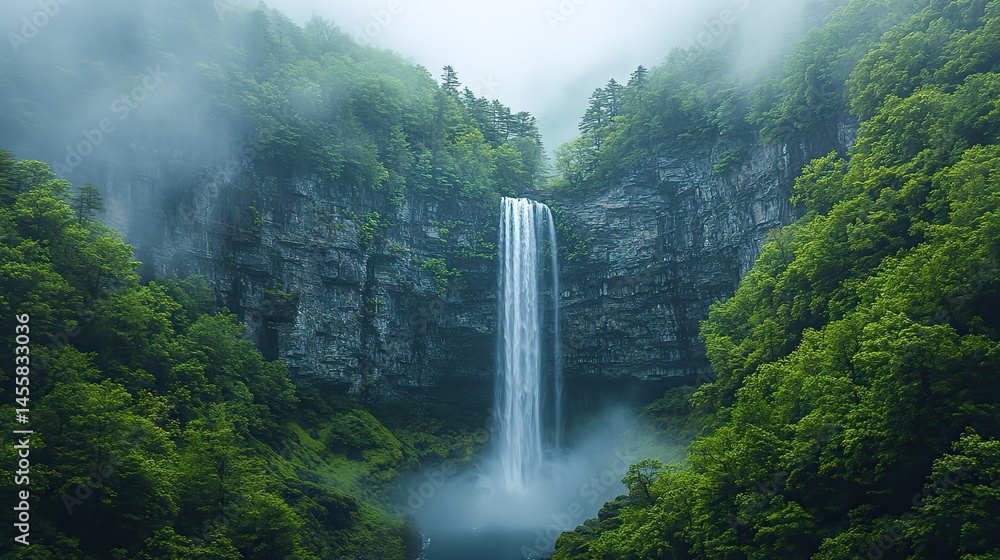 Fototapeta premium A majestic waterfall cascading down a rocky cliff face, surrounded by lush greenery and mist in the air.
