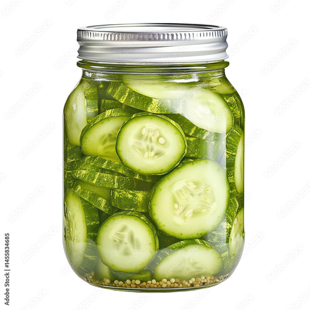 Jar of Crisp Pickles: This image features a close-up view of a glass jar brimming with slices of crisp, green pickles, preserved to perfection. The pickles float in a clear brine. Jar of Crisp Pickles: This image features a close-up view of a glass jar brimming with slices of crisp, green pickles, preserved to perfection. The pickles float in a clear brine.