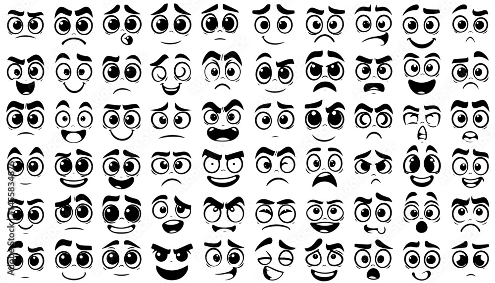Obraz premium Cartoon face icon set with 60 black and white expressions. Features various emotions like joy, anger, sadness, and surprise. Ideal for comics, emojis, or design elements.