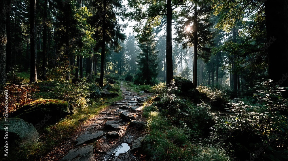 Obraz premium A peaceful forest path winding through tall trees with sunlight filtering through the leaves.