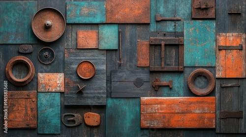 Colorful, distressed wooden panels with antique metal tools and objects