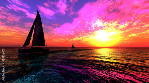 Two sailboats silhouetted against a vibrant sunset over a colorful ocean.  Clouds painted in fiery hues of pink and orange