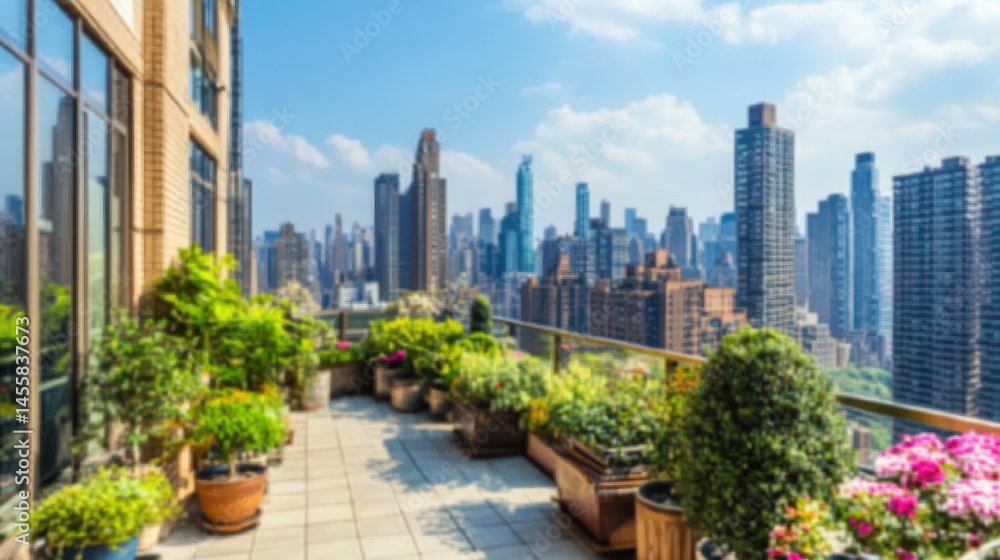 Fototapeta premium Beautiful Cityscape from Balcony with Lush Greenery and Flowers