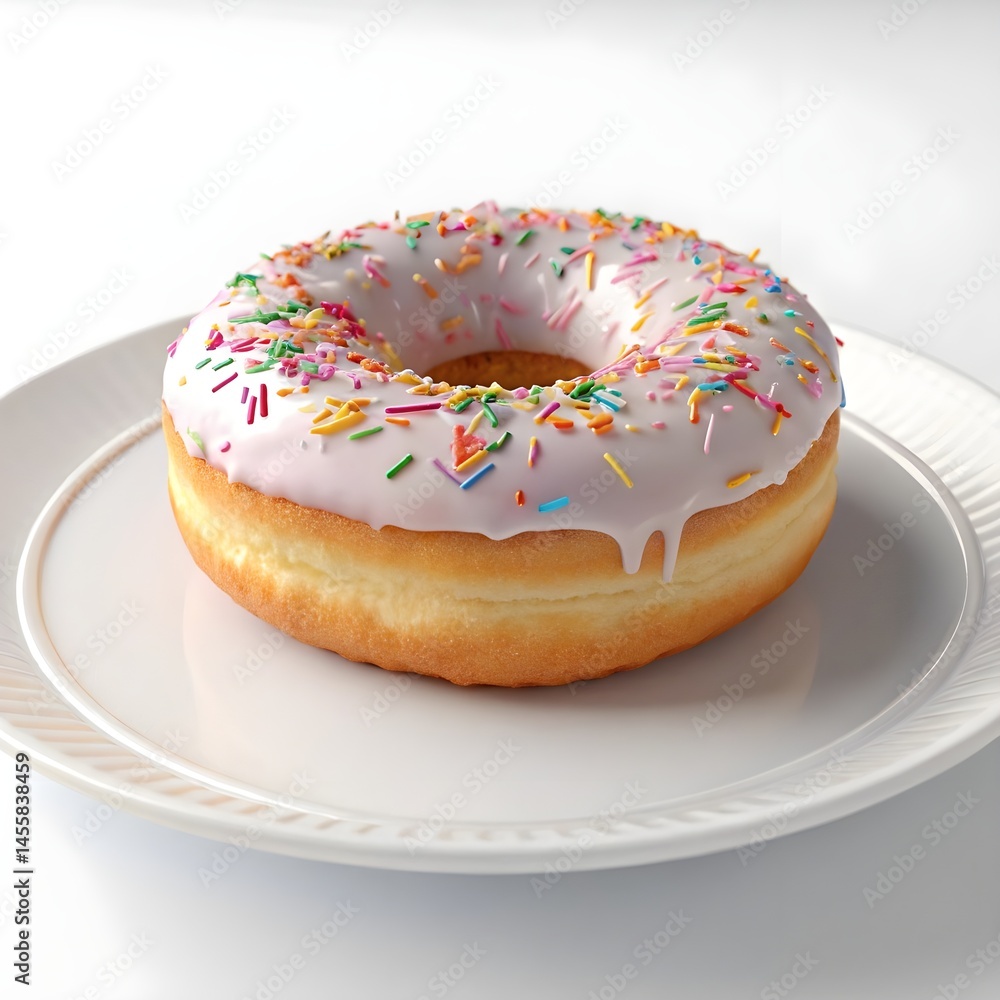 Delicious glazed donut with colorful sprinkles on a white plate isolated on white background Delicious glazed donut with colorful sprinkles on a white plate isolated on white background